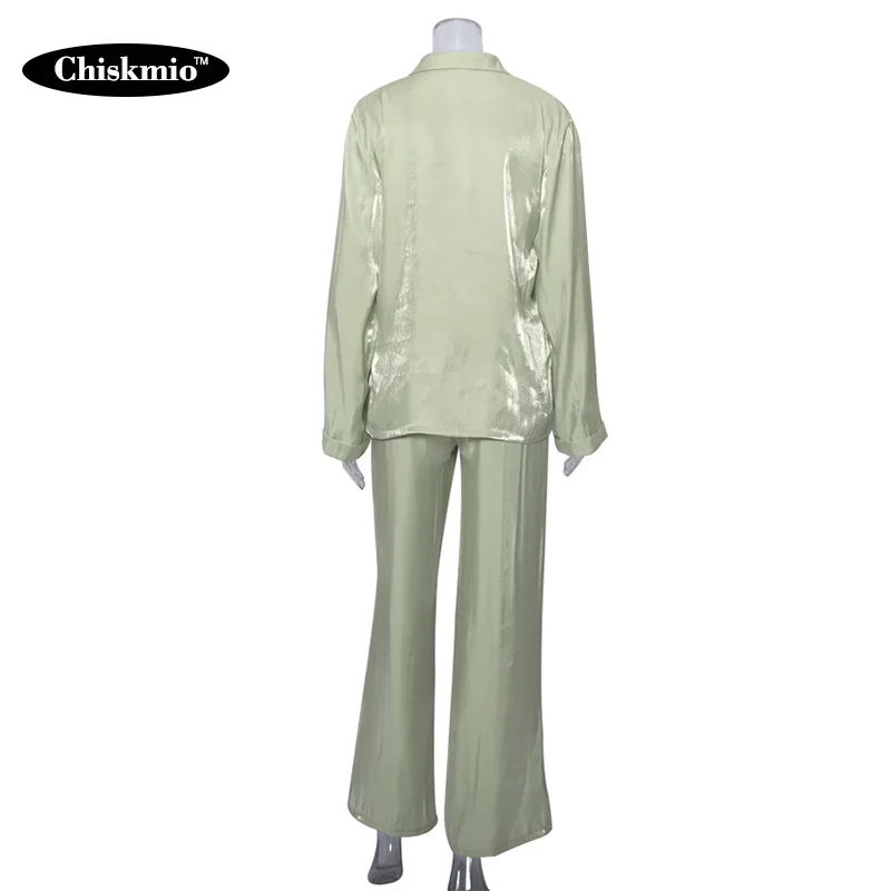 

2PCS Silk Long Shirts And Pants Women Clothes Set Loose Turn-down Collar Single Breasted Top Shirt High Waist Straight Pants