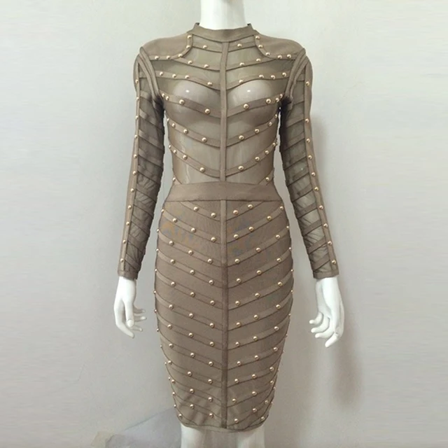 Gray green New Winter Celebrity Party Bandage Dress Women Knee Length Bodycon Dresses Sexy Mesh Long Sleeve Beaded Dresses - Цвет: Gray green