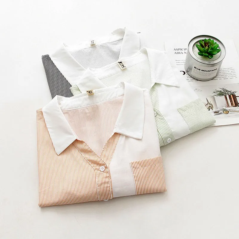 

Summer New Product Straight Tube V-neck Stripes Stitching Raglan Short Sleeve Shirt Real Shot Commuting Casual Cute Top