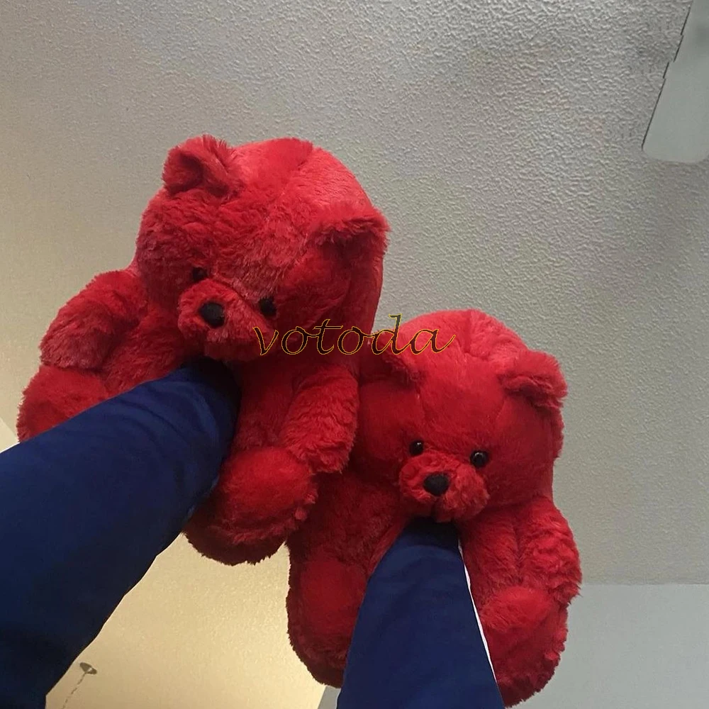 Teddy Bear Slippers Women Cute Cartoon Slides Furry Warm Soft Shoes Home Non-slip Cotton Flip Flops Rainbow Teddies Bear Slipper best house slippers