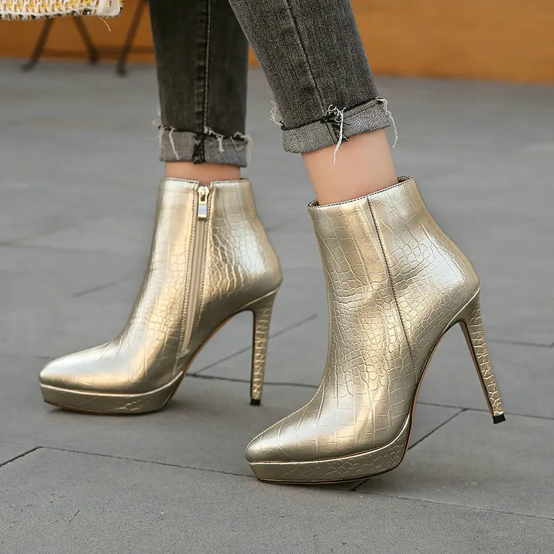

Fashion Platform Thin High Heel Ankle Boots Pu Leather Women Shoes Booties Autumn Winter Pointed Toe Zipper Boots Woman