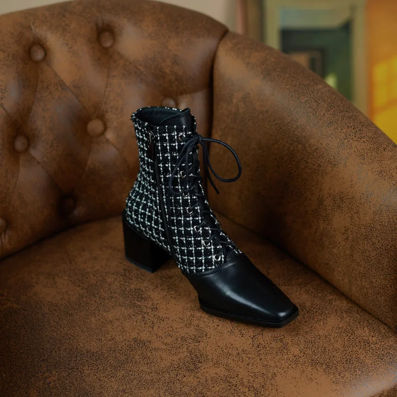 Beli Sepatu Bot Gaya Tinggi Ujung Persegi Retro Untuk Musim Gugur/Dingin Sepatu Bot Martin Tali Silang Kotak-kotak Jahitan Kulit Sapi Gaya Baru