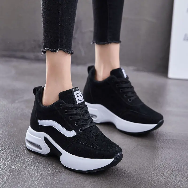 

Women Sports Shoes Thickened Soles Increased Nonslip Lightweight Vulcanized Shoes Round Polyurethane Laceup Running Shoes