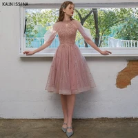 kaunissina pink party dresses women halter neck sequined knee length cocktail dress a line ladies formal homecoming gowns