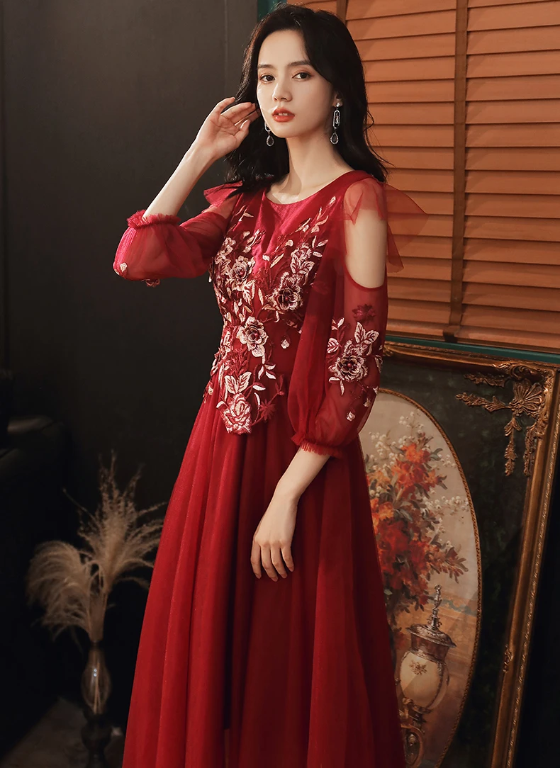 AnXin SH принцессы винно красного цвета с вышитыми цветами кружево Иллюзия вечернее