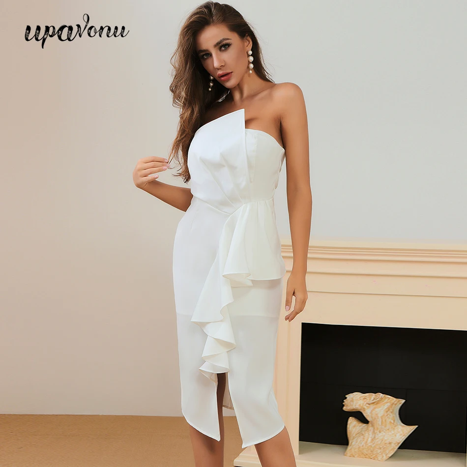 

2020 New White Sleeveless Bodycon Dress Celebrity Club Evening Party Dress Women Sexy Strapless Ruffled Midi Dress Vestidos