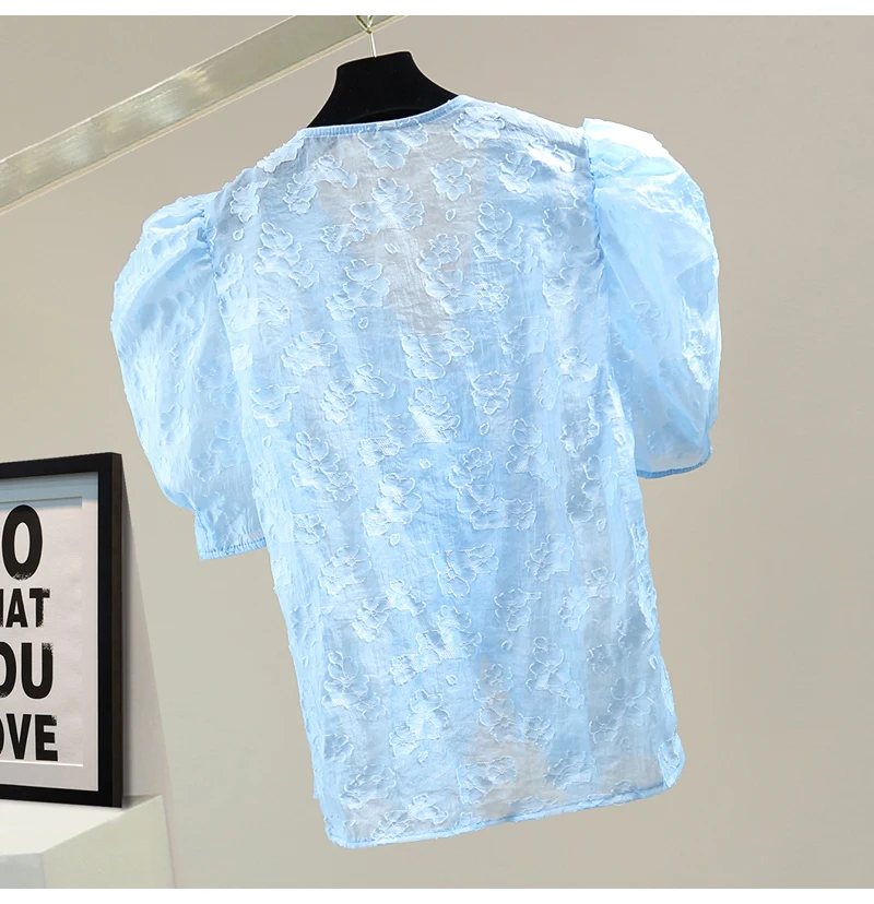 

Fashion Diamond Beaded Puff Sleeve Two Button Blouse for Women 2021 Summer New Slimming Embroidery Chiffon Shirt Ladies