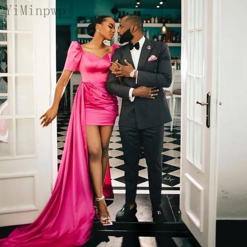 

YiMinpwp Fuchsia Sheath Prom Dresses with Over Skirt Sweet Heart Short Sleeve Pleats Special Occasion Dress Celebrity Gown