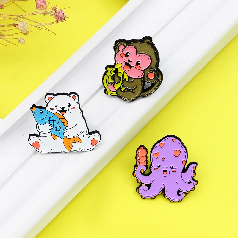 

Octopus Monkey Polar Bear Enamel Pins Monkey Holding Banana Brooch Lapel Pins Clothes Badge Bag Cartoon Jewelry Gifts Wholesale