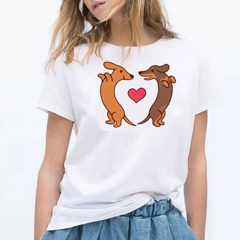 

Футболка женская с рисунком собаки, модная рубашка с коротким рукавом в стиле Харадзюку, милая уличная одежда с таксой