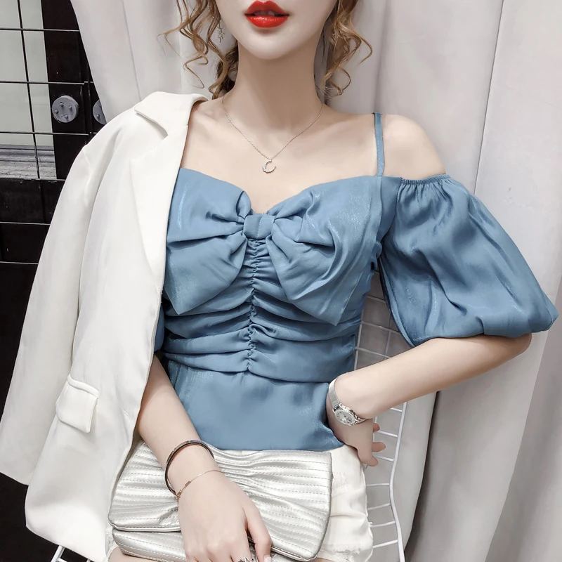 

Summer Sexy Spaghetti Strap Crop Top Ladies Off Shoulder Short Sleeve Bow White Chiffon Blouses Women Back Elastic Short Shirts
