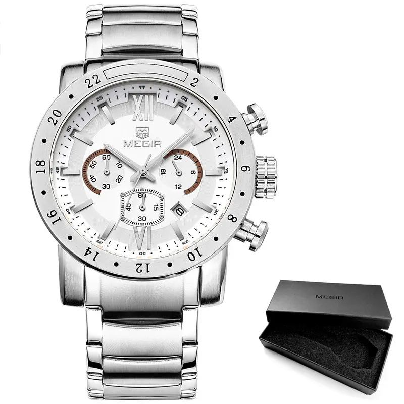 MS3008G-Silver Megir модные кварцевые часы для мужчин водонепроницаемые светящиеся наручные часы Мужские часы с большим циферблатом 3008 - Цвет: MS3008G-Silver
