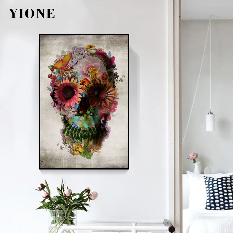 

Vintage Flowers Skull Canvas Painting Abstract Plants Sunflower Eyes Art Skeleton Picture Prints Living Home Poster Wall Decor