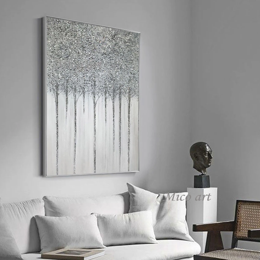 

Textured Acrylic Thick Oil Pure Hand Painted Oil Painting Gray Design Birch Trees Canvas Paintings Art Wall Hanging Picture