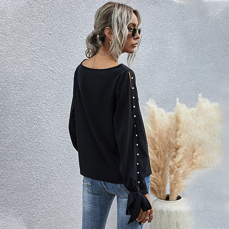 

Sexy Fashion Women Beading T-shirts 2020 Casual Off Shoulder Hollow Out Lantern Sleeves Tops