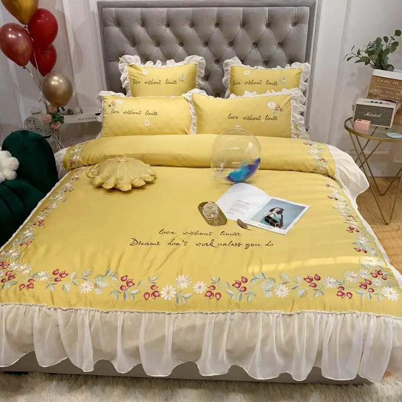 

Yellow Princess Egyptian cotton Duvet Cover Bed sheet Luxury Bedding Set Queen King Size Bedspread ropa de cama/linge de lit