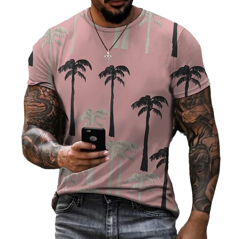 

3D digital printing plant pattern T-shirt men's fashion trend clothing short-sleeved casual round neck floral beach new products