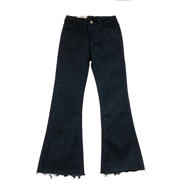 

2021 High Waist Raw Hem Women's Jeans Boot Cut Ankle Black Pants