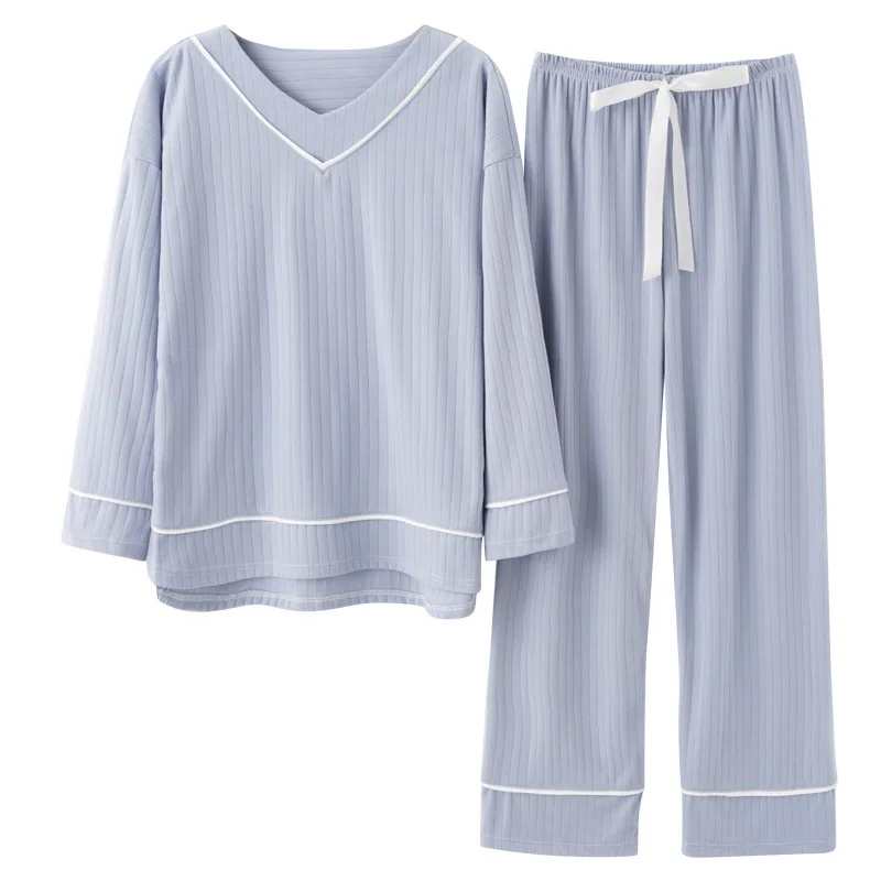 

100% Cotton Women Pajamas Simple Two Piece Pyjamas Suit Loose Ladies Long-sleeved V Neck Loungewear Casual Home Wear