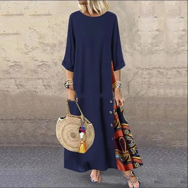 

Plus Size Sexy Women Dress Summer Vintage O Neck 3/4 Sleeve Side Buttons Printed Loose Long Dress Lady Dresses Vestidos M-5XL