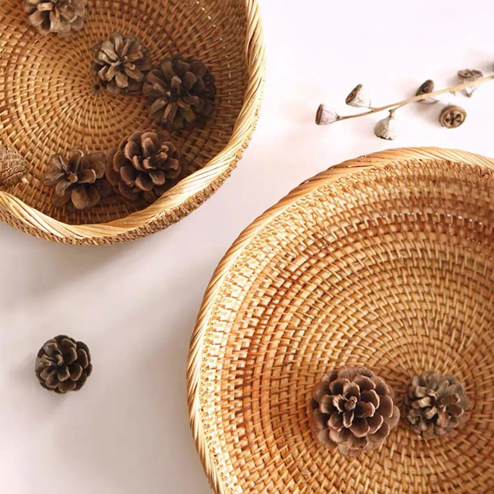 

Round Rattan Woven Storage Basket Fruit Bread Food Platters Plate Kitchen Home Decor Organizer For Drink Snack For Coffee Tea