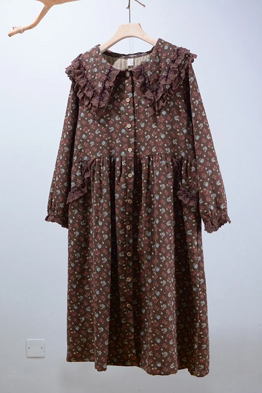 

Fall / winter dress women 2020 Floral Cotton Linen dress long sleeve Japanese Mori loose dress