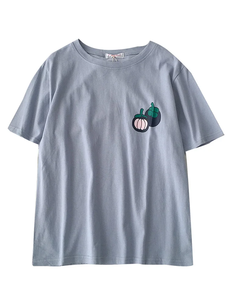 

2020 Summer New Arrival Literary Pure And Fresh Pure Cotton Fruit Printed Loose Slimmed Short Sleeve T-shirt