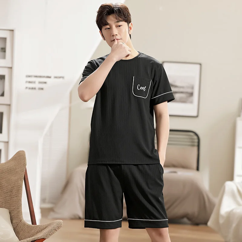 

New Summer Knitted Cotton Men Sleepwear Short Sleeve Round Neck Mens Pajama Sets Loose Soft Plus Size 4XL Male Nightwear