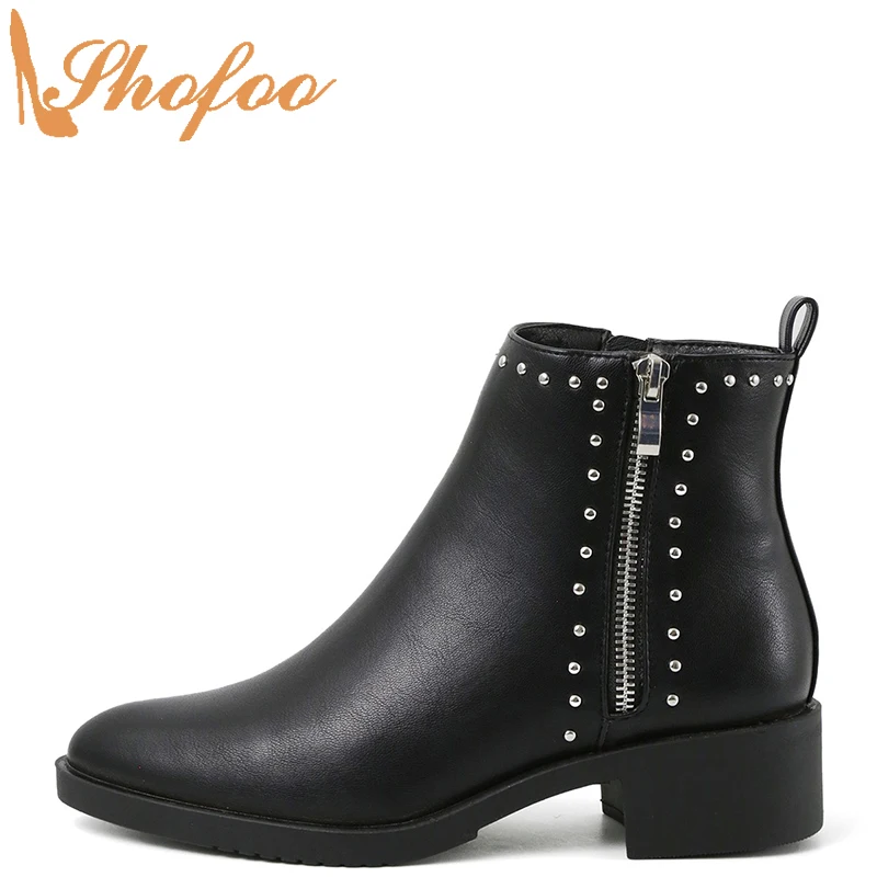 

Black Rivets Ankle Boots Med Chunky Heels Pointed Toe Woman Booties Zipper Large Size 14 15 Ladies Fashion Mature Shoes Shofoo