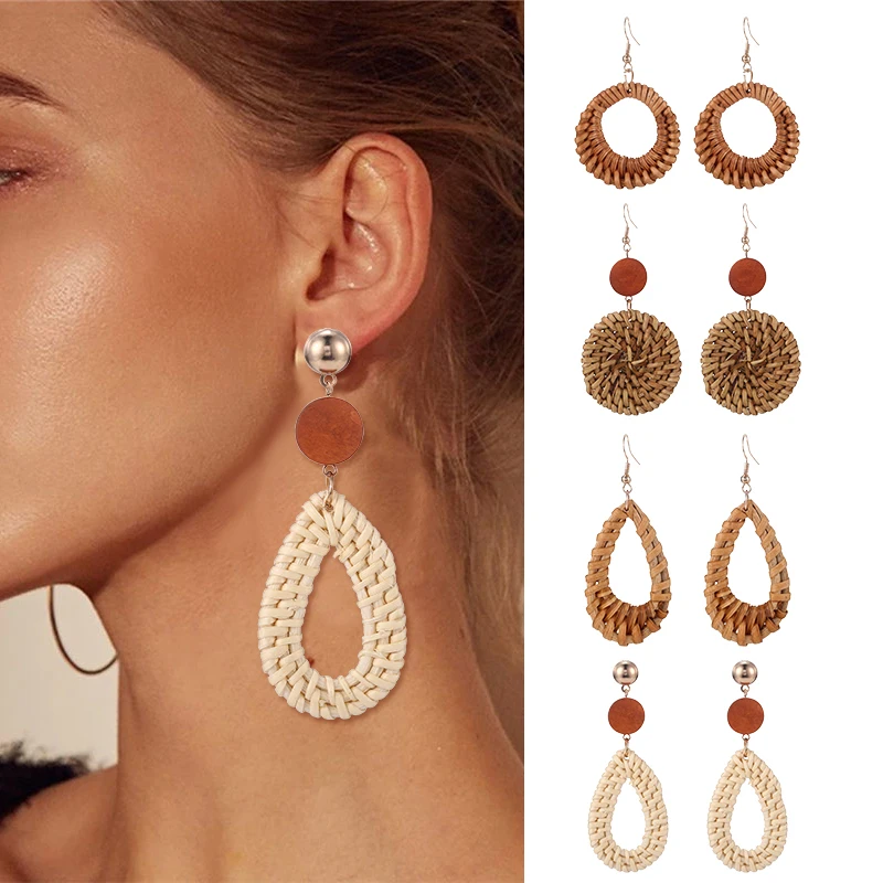 Богемная ручная работа геометрическое ротанговое плетение висячие серьги для