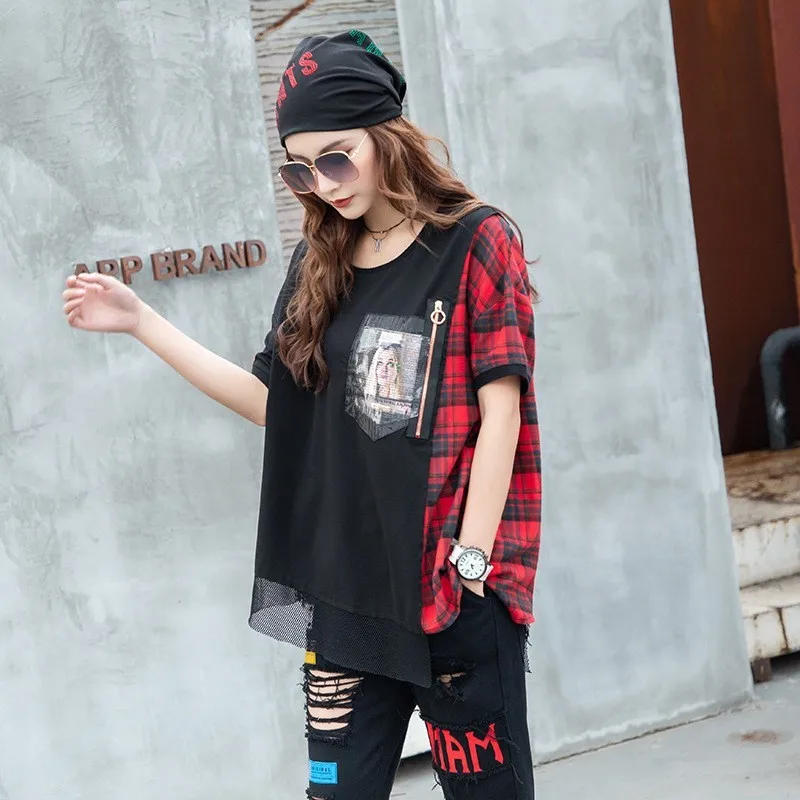 

Summer Loose Women Patchwork T-shirt Plaid Casual Short Sleeve Tops Tees Zipper Mesh Spliced T-shirts Streetwear Tee One Size