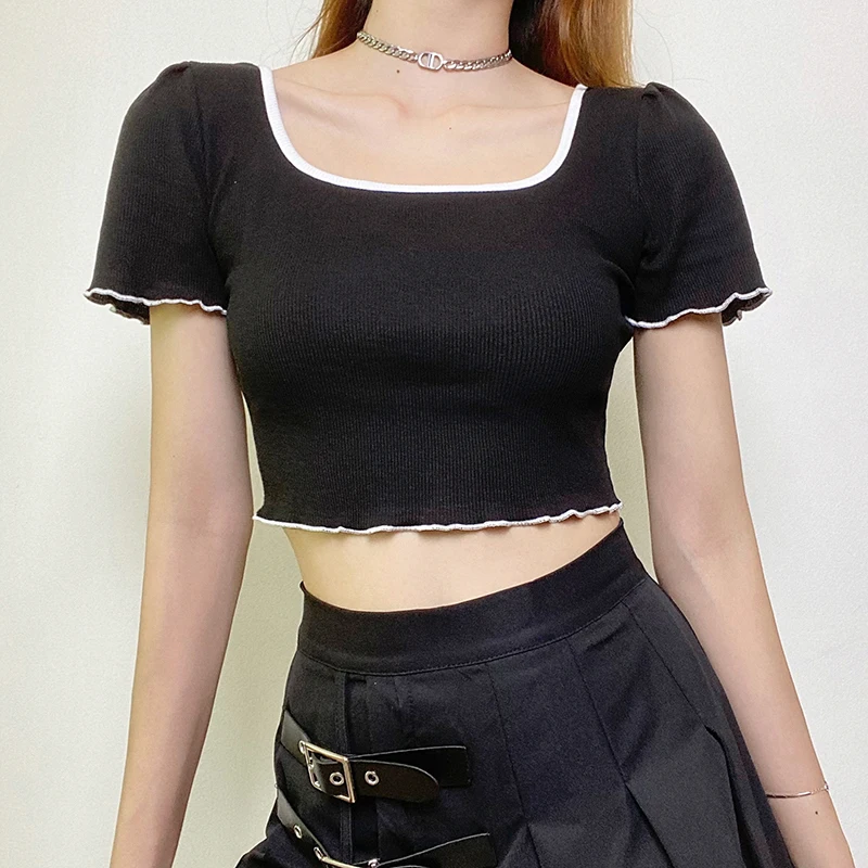

Harajuku T-shirt Women Rib Knit Casual Short Sleeve Crop Top Cute Bows Ladies Sweet Tops Clothes Tee 90s