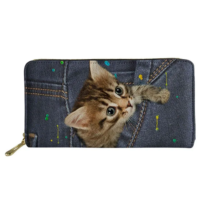 

Винтажный джинсовый кожаный Длинный кошелек с 3D рисунком кошки, кошелек для монет на молнии, милый женский кошелек, дорожный кошелек для ден...