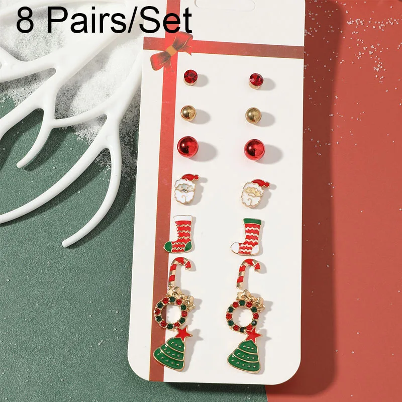 

8 Pairs Set Stud Earrings Christmas Tree Elk Snowman Deer Xmas Atmosphere Earring Studs Jewelry Crystal New Year Gifts