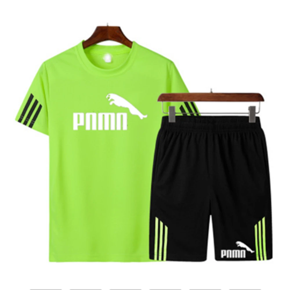 

Jogging Short Sleeve Sports T-Shirt + Shorts Brand Printing Quick Dry Breathable Sports Set Men's Summer Gym Clothing Casual 5XL
