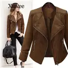 Куртка-Кардиган Женская, из искусственной кожи, с длинным рукавом, коричневая, приталенная, Осень-зима, размера плюс