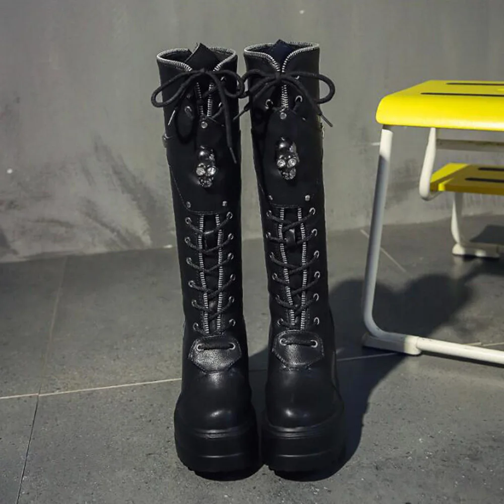 Высокие сапоги до бедра женские винтажные колена на танкетке мотоциклетные с