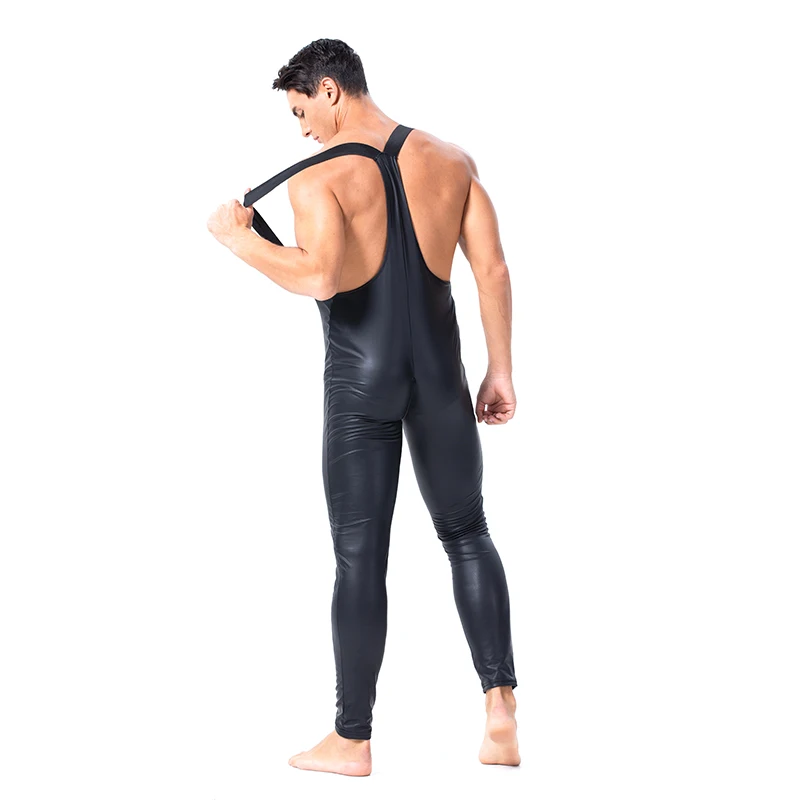 

AIIOU Hot Erotic Lingerie Gay Men PU Faux Leather Bodysuit Backless Sexy Top Two Way Zipper Open Crotch Leotard Tight Jumpsuit