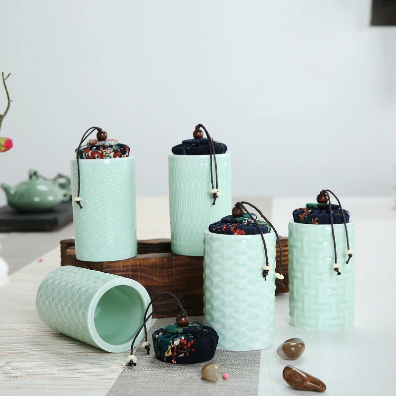 

Celadon Relief Ceramic Pot Small Portable Sealed Storage Tank