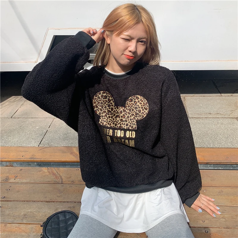 

2 Colors New Winter Vintage Women Sweatshirt Loose Lamb Velvet Pullover Female Cute Cartoon Plus Velvet Thick Sweatshirt Mujer