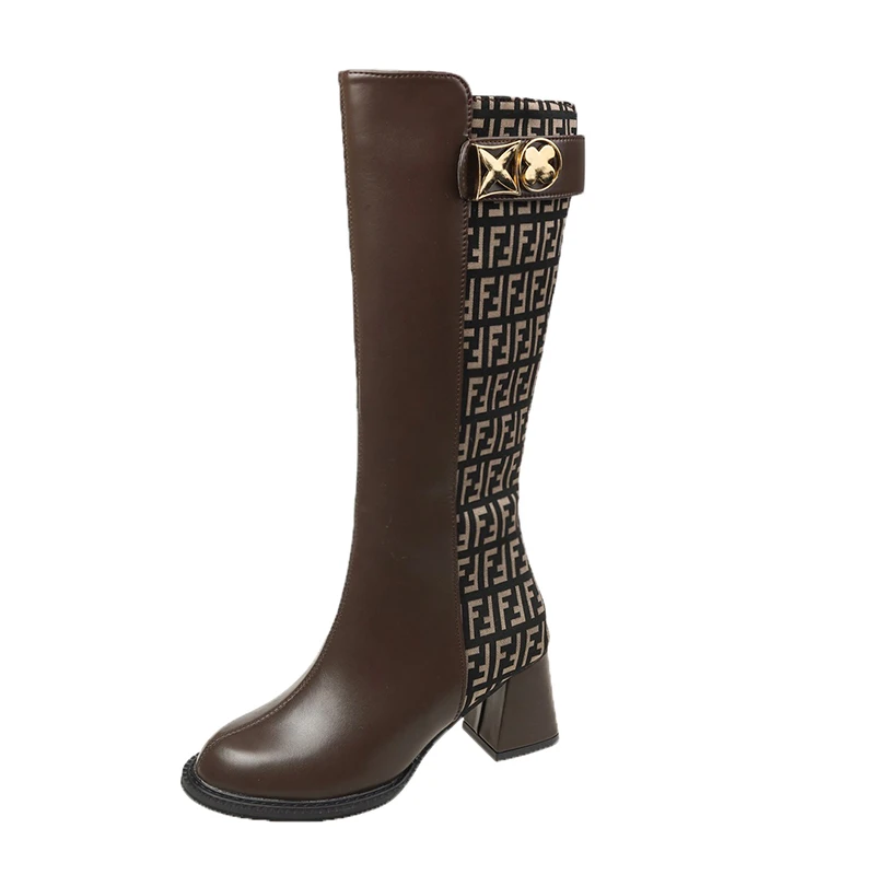 

2022 Winter New Ladies High Boots Brand Designer Round Toe Zipper Women Knee-length Boots Square Heel Comfortable Knight Boots