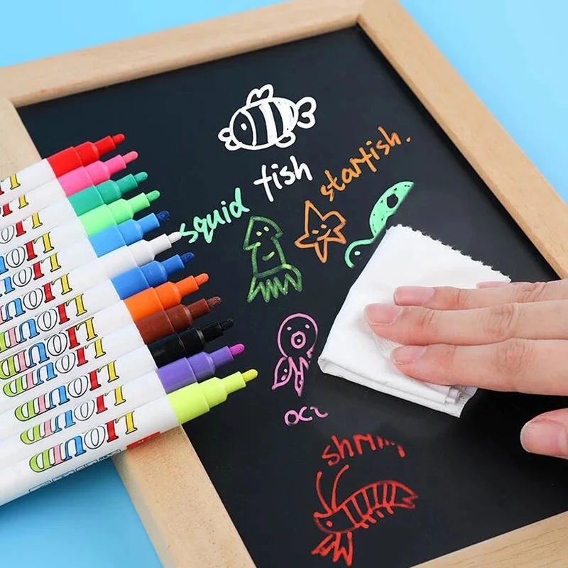 

12 Colors Liquid Erasable Chalk Marker Pen 3mm Blackboard Markers White Pen For Glass Chalkboard Teaching Tools Smooth Surface