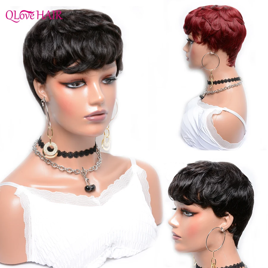 Romance Weave Bob Human Hair Wigs Brazilian Virgin Short Pixie Cut Wig For Women Full Machine None Lace With Bang | Шиньоны и парики