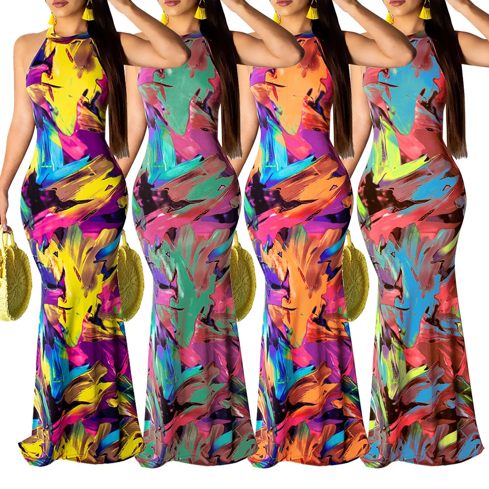 

Art Graffiti Halterneck Halter Sleeveless Dress Sexy Multicolor Party Dress Sexy Night Club Dress 2021 Floor-Length Undefined