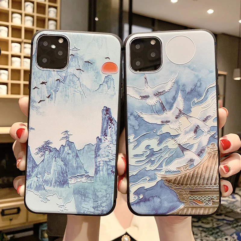 Ретро чехол для телефона с журавлем iPhone 12 mini 11 Pro Max тисненые Чехлы 7 8 6S Plus XS XR