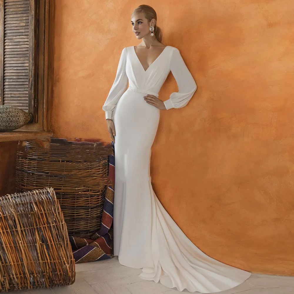 

Simple Long Sleeves Mermaid Wedding Dress Elegant V-Neck Pleats Appliques Illusion Backless For Women Bridal Gown Custom Made
