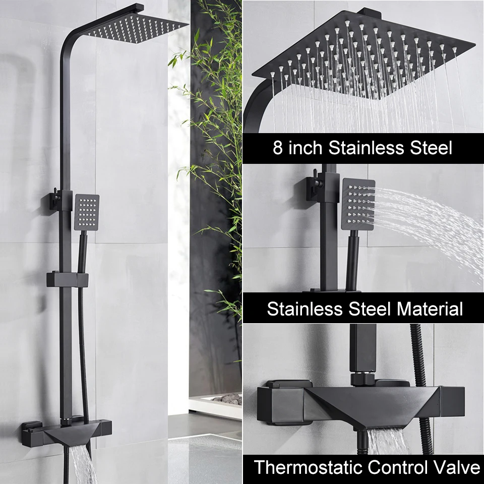 Black Shower Set A Хромированный смеситель для душа, термостатический смеситель для ванной, смеситель для душа, 8 дюймов, душевой набор, термостат для ванны, душевой кран, Черный кран - Цвет: Black Shower Set A