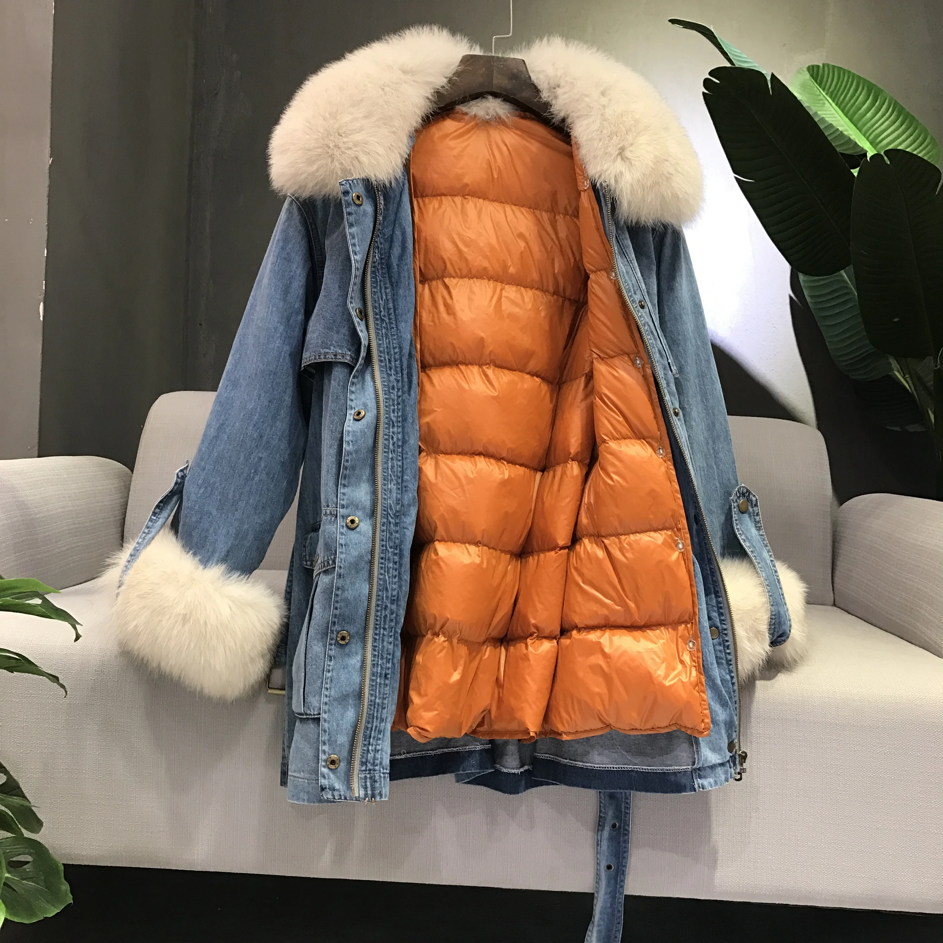 

Oversized Fox Fur Collar Puffer Parka Coat Female 2021 New Winter Warm Detachable Liner 90White Duck Down Denim Jacket Women