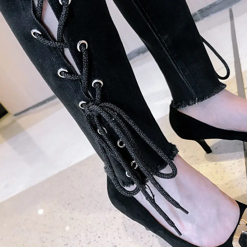 

Streetwear Stretch Black Jeans Women Autumn Punk Biker Slim Pencil Pants High Waist Lace Up Hollow Out Denim Trousers Female
