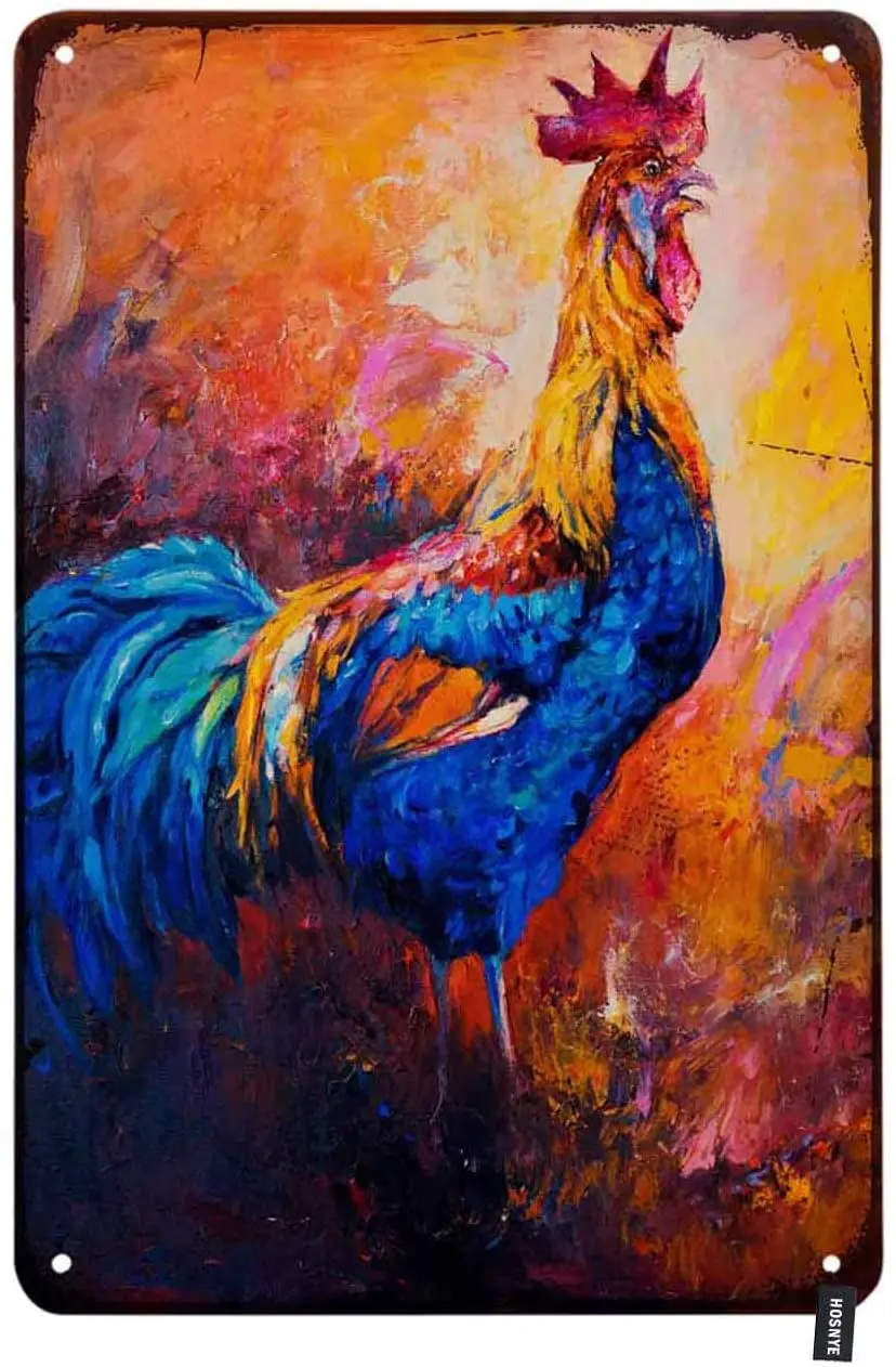 

HOSNYE Rooster Oil Painting Tin Sign Colorful Oil Painting Animal Retro Poster Vintage Metal Tin Signs for Men Women Wall Art